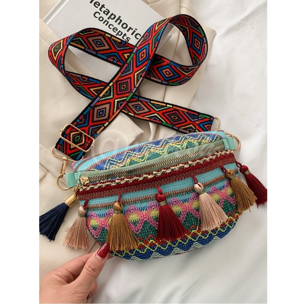 Boho Embroidered Fanny Pack Style Crossbody Bag with Tassels